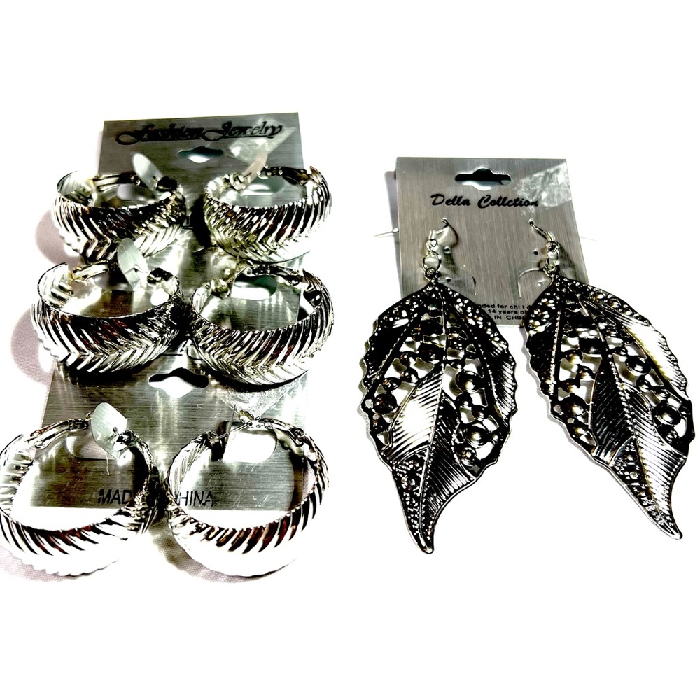 Set of 4 Pairs! 3 Pairs Chunky Silver Hoops & 1 Pair Feather Earrings Set